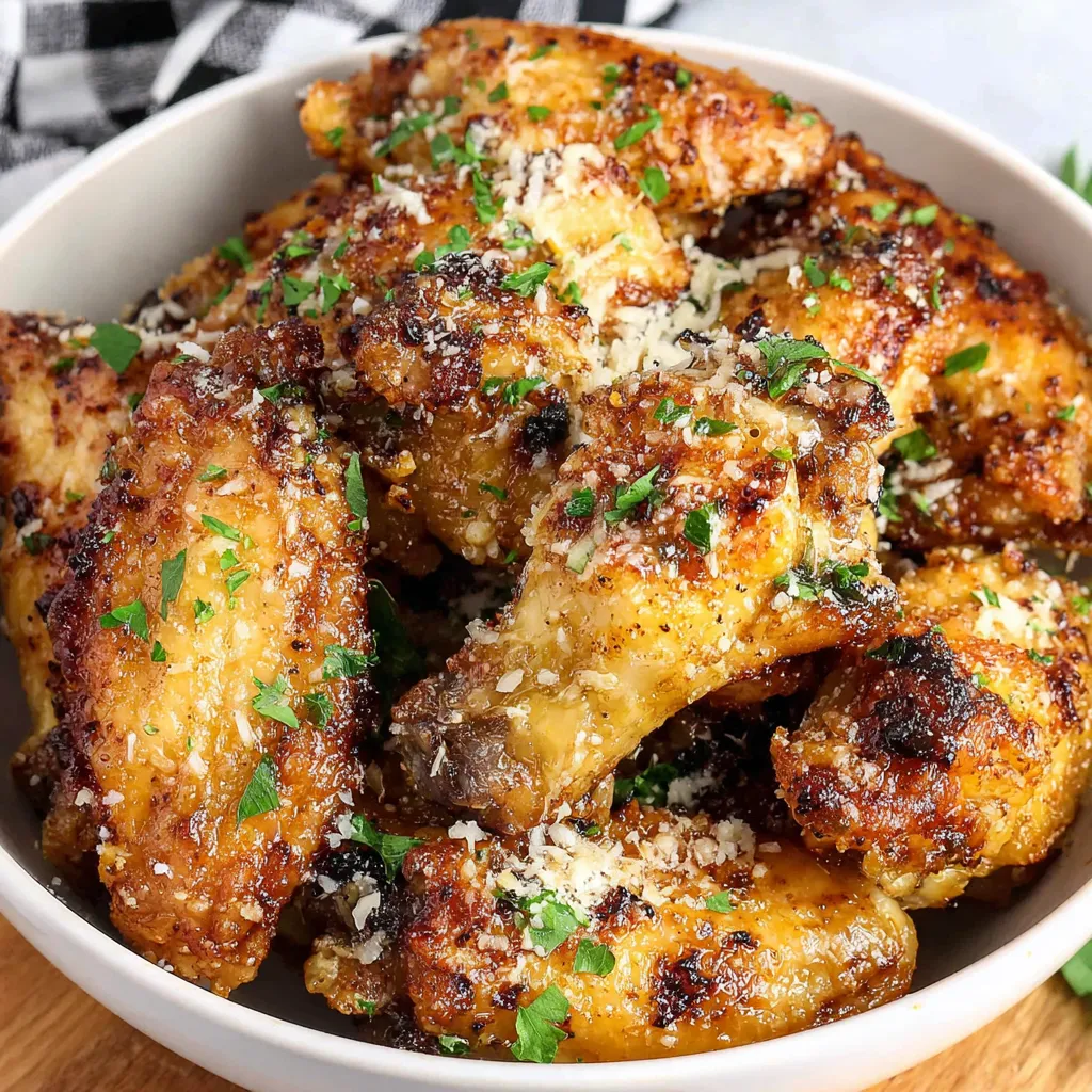 A bowl of garlic Parmesan wings air fryer.