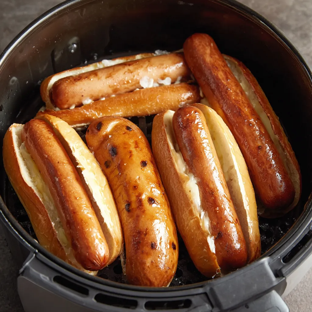 A pot of hot dogs in a fryer.