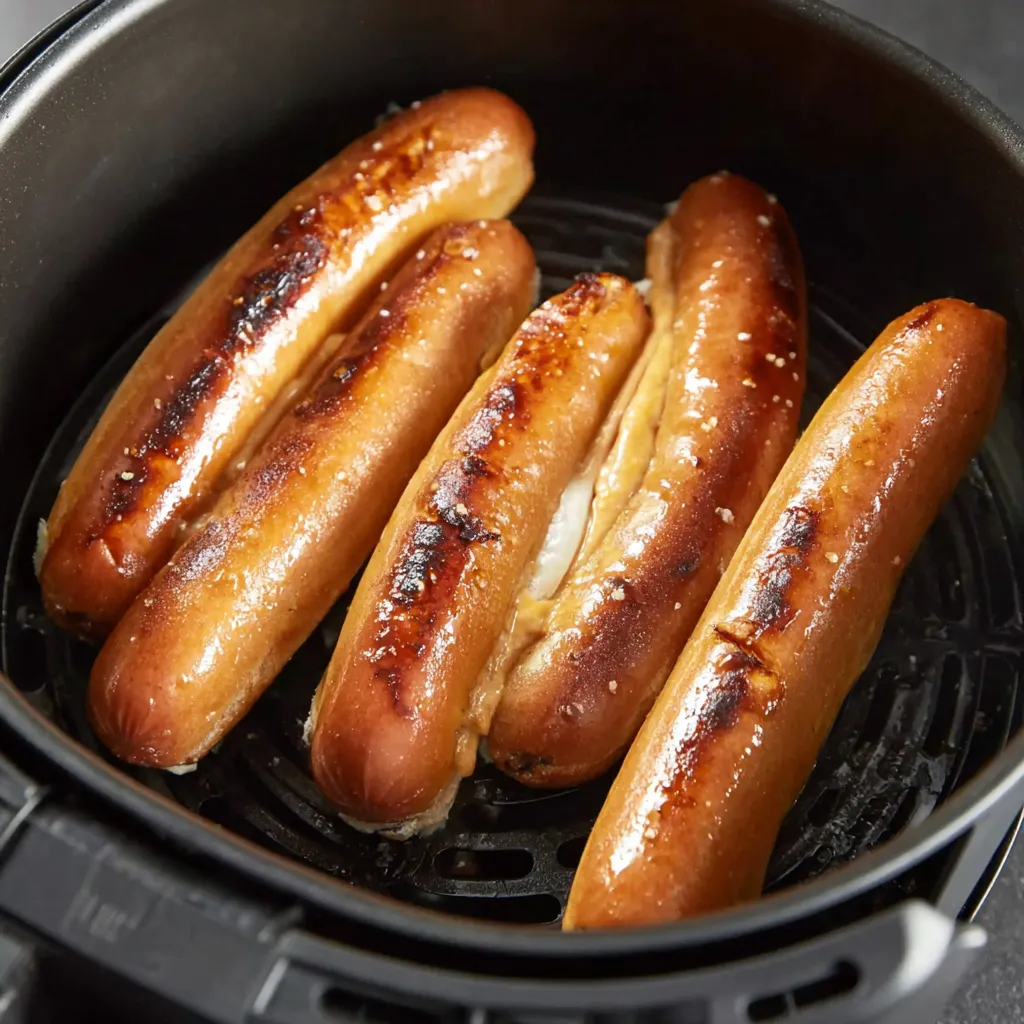 A batch of hot dogs cooked in an air fryer.