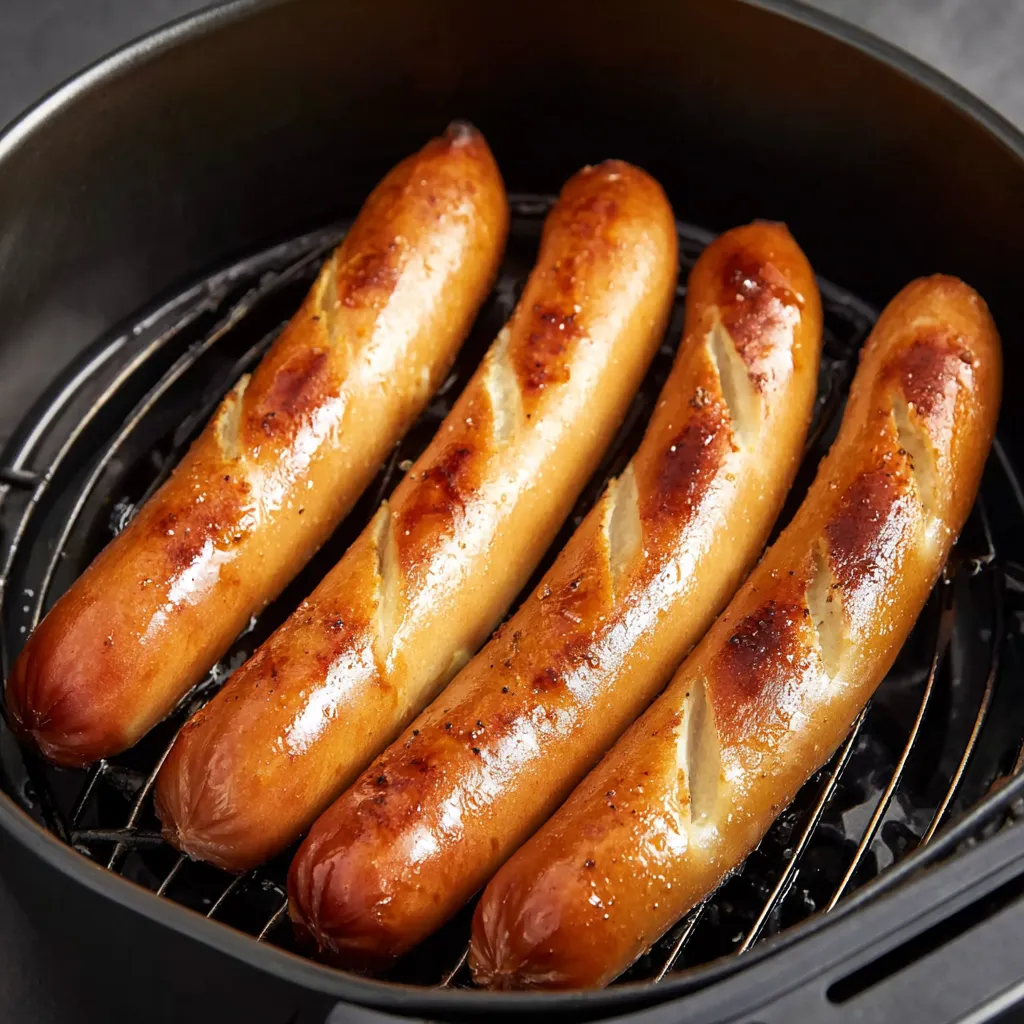 A pan of hot dogs cooked in an air fryer.