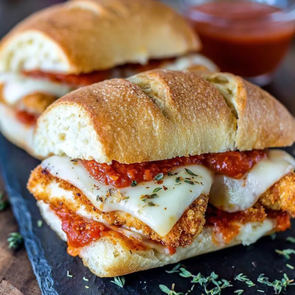 Two chicken parmesan sandwiches on a table.