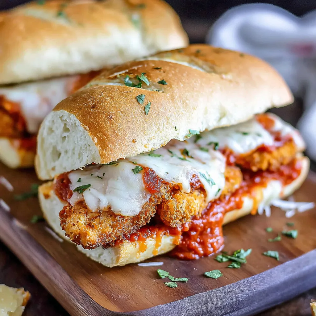 Two chicken parmesan sandwiches on a wooden cutting board.