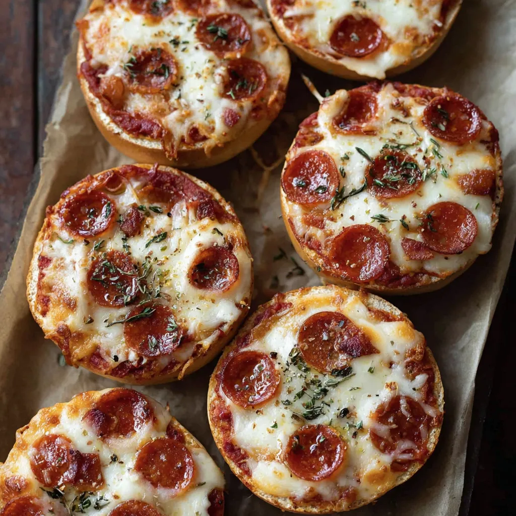 Homemade pizza bagels on a wooden board.