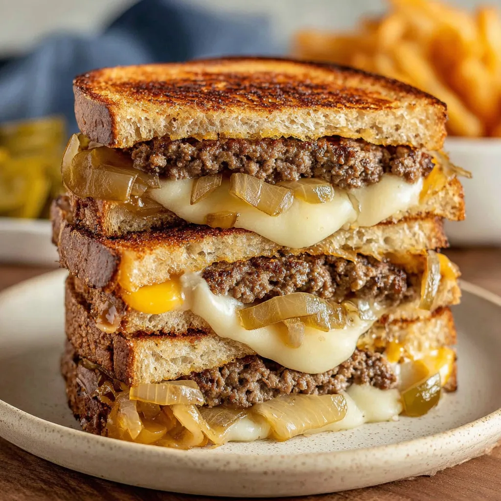 A stack of beef patty melt sandwiches.