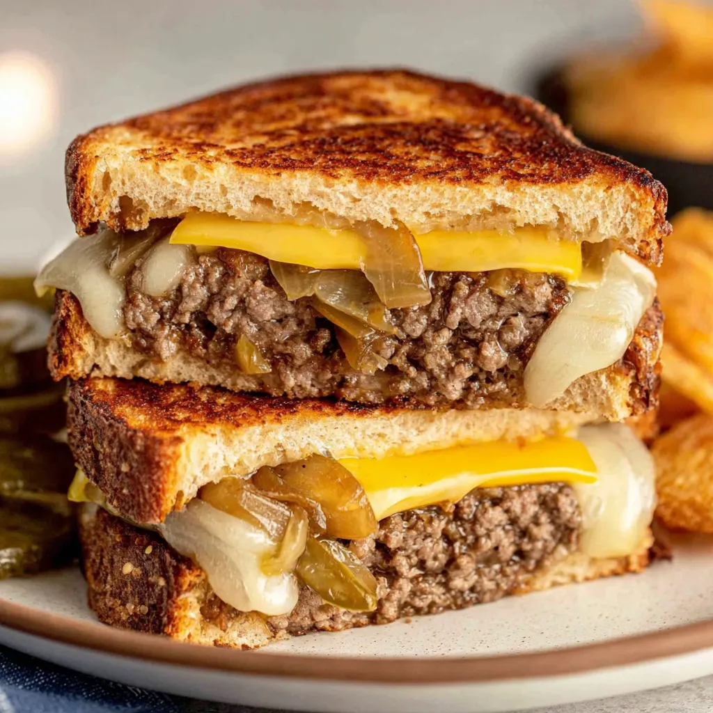 A beef patty melt sandwich with cheese and onions.