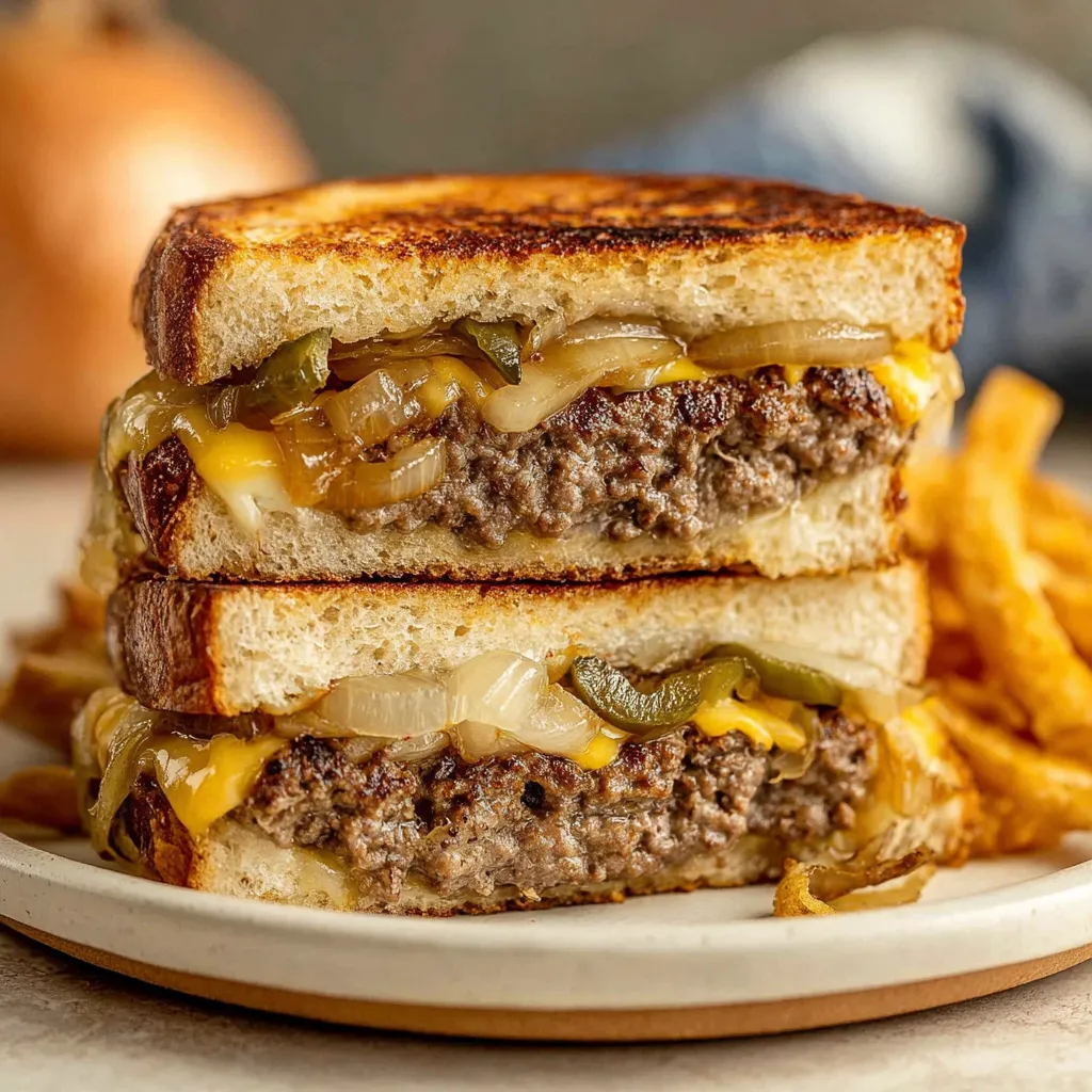 A beef patty melt sandwich with onions and peppers.