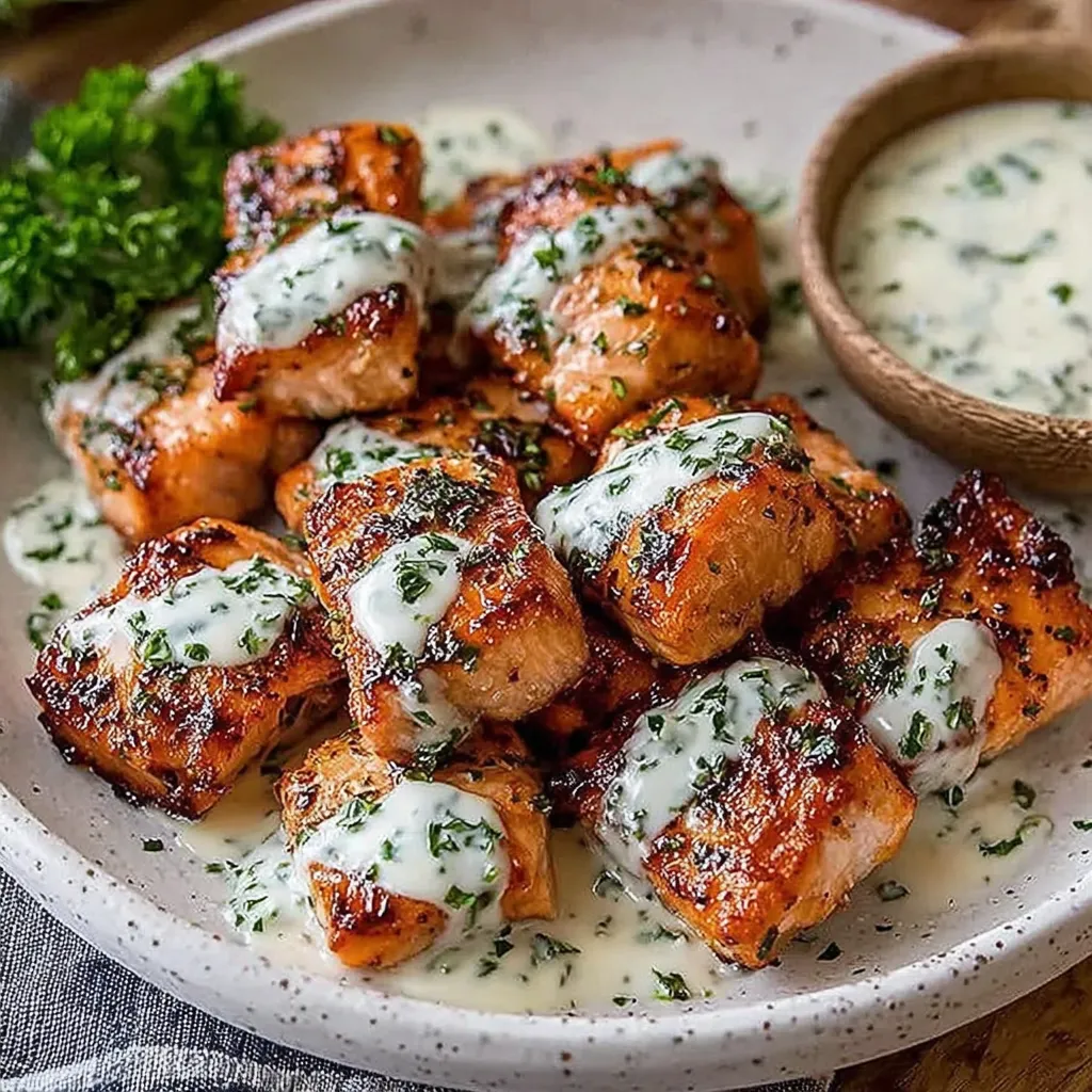 A plate of air fryer salmon bites with a bowl of sauce.