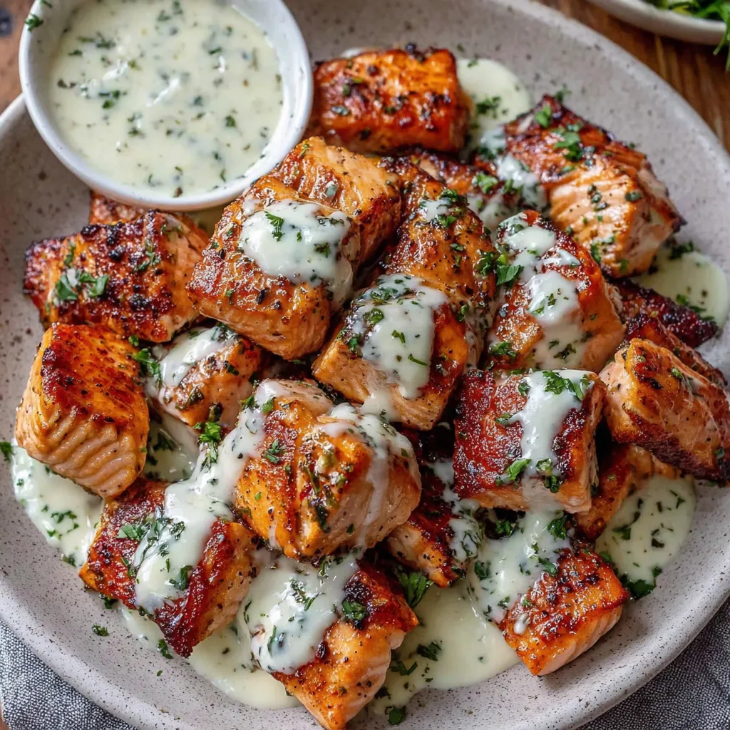 A plate of air fryer salmon bites with a white sauce.