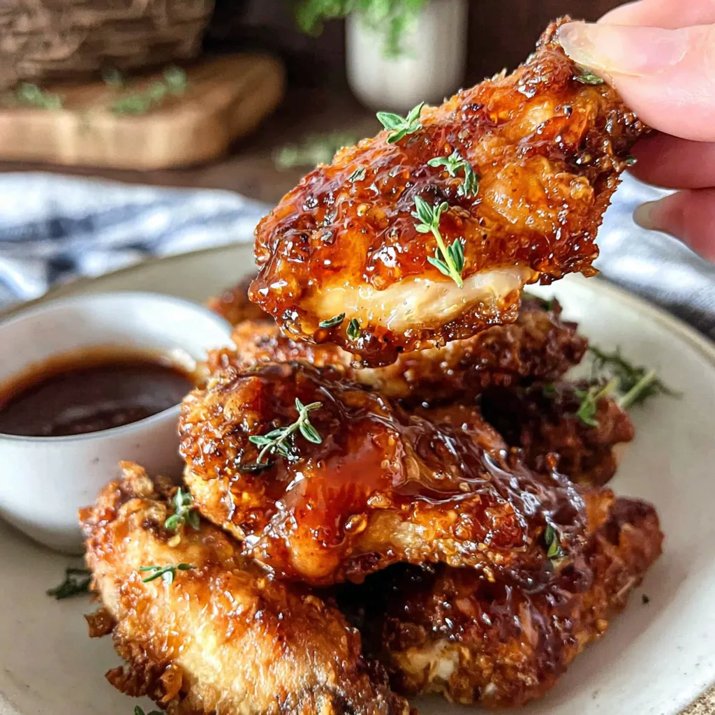 A person is holding a piece of hot honey chicken wings.
