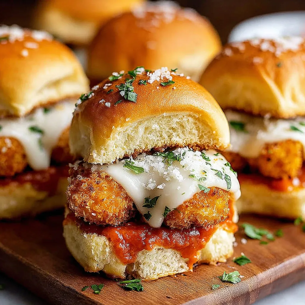 Chicken Parmesan sliders on a wooden board.