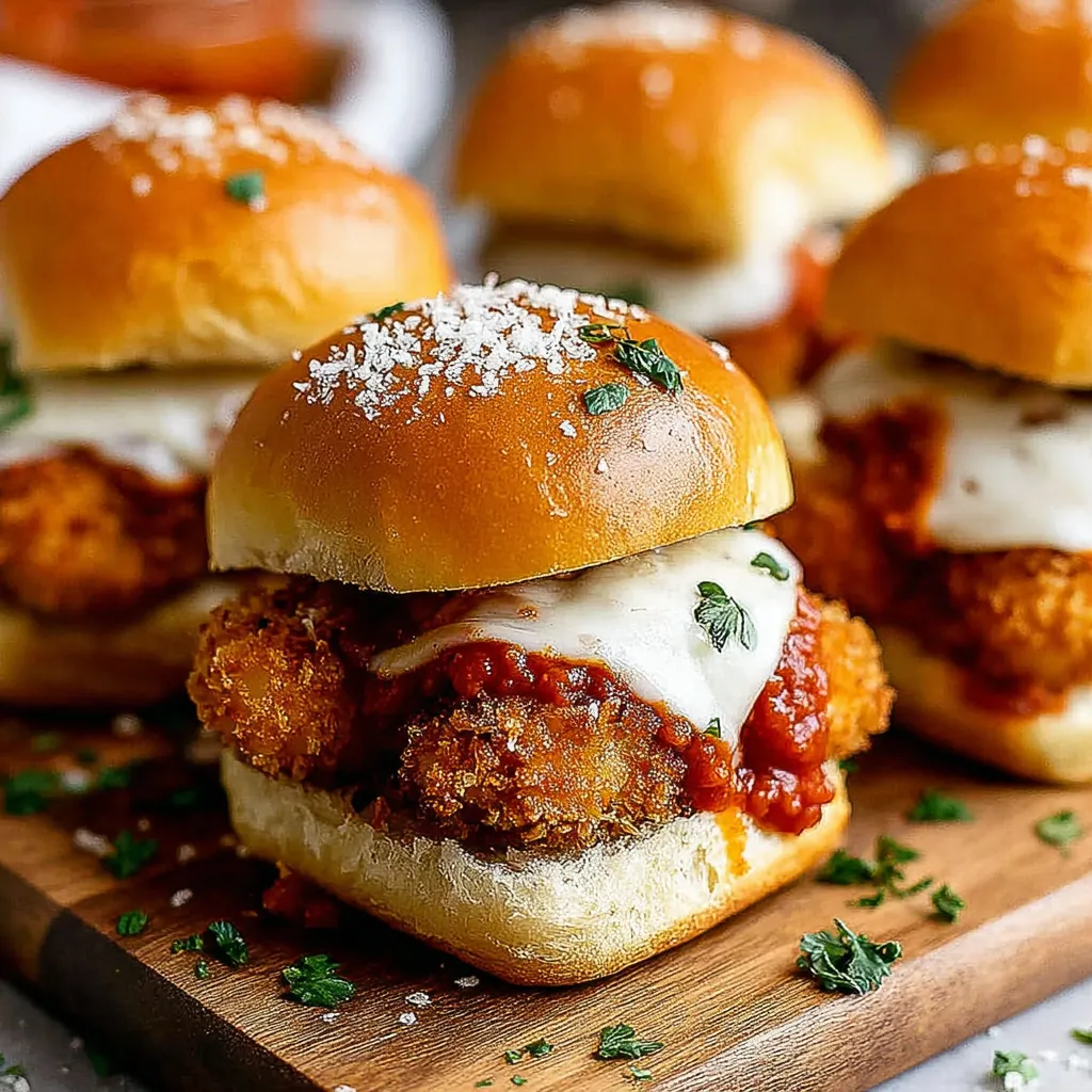 Chicken Parmesan sliders on a wooden cutting board.