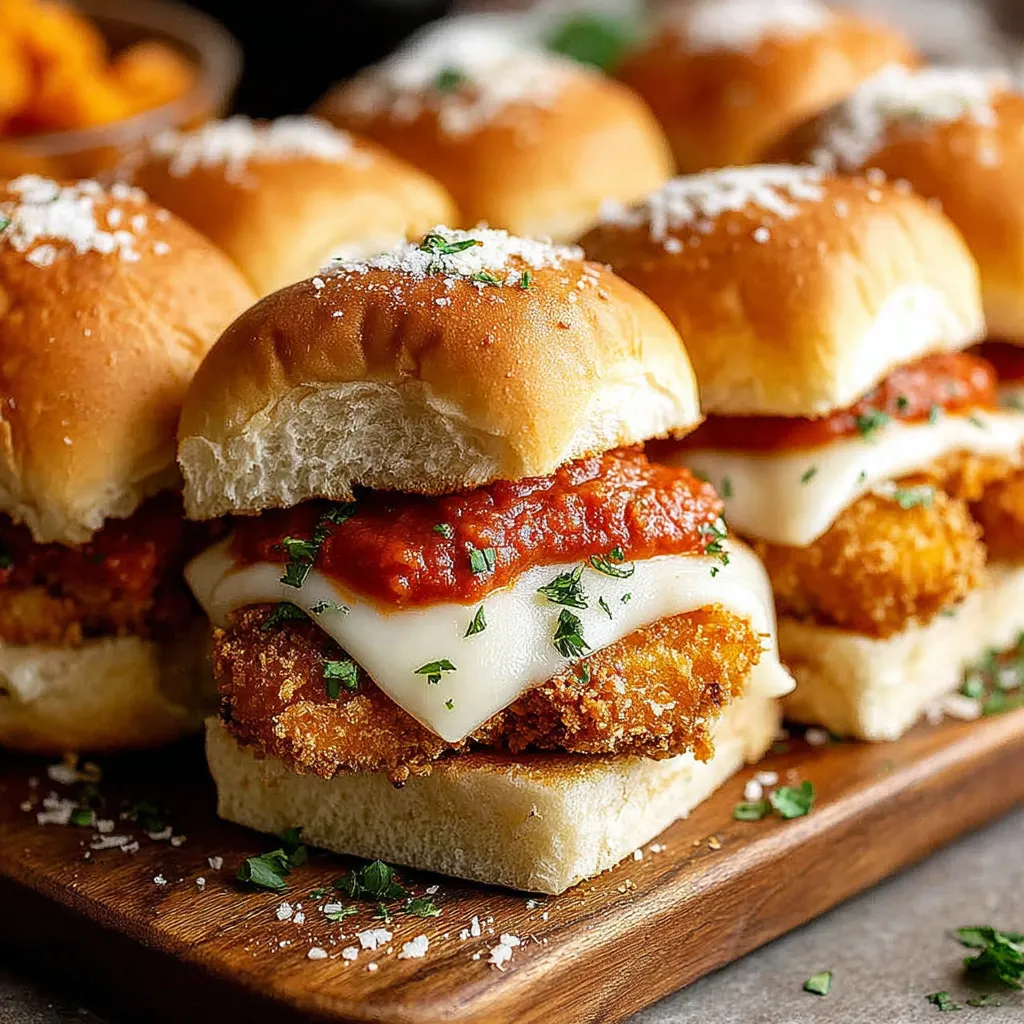 Chicken Parmesan sliders on a wooden tray.