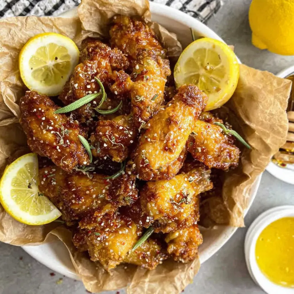 A plate of honey lemon pepper wings.