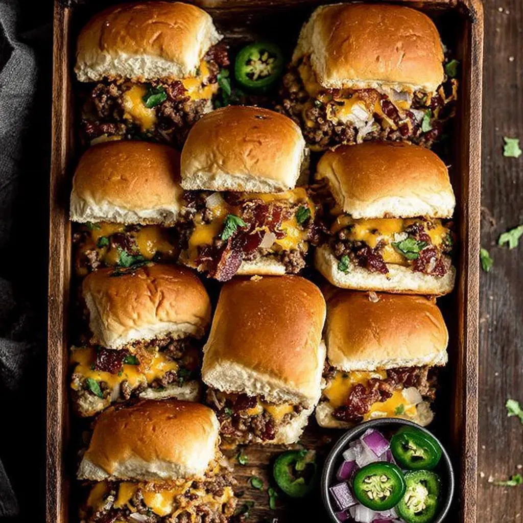 A box of cowboy sliders with cheese and jalapenos.