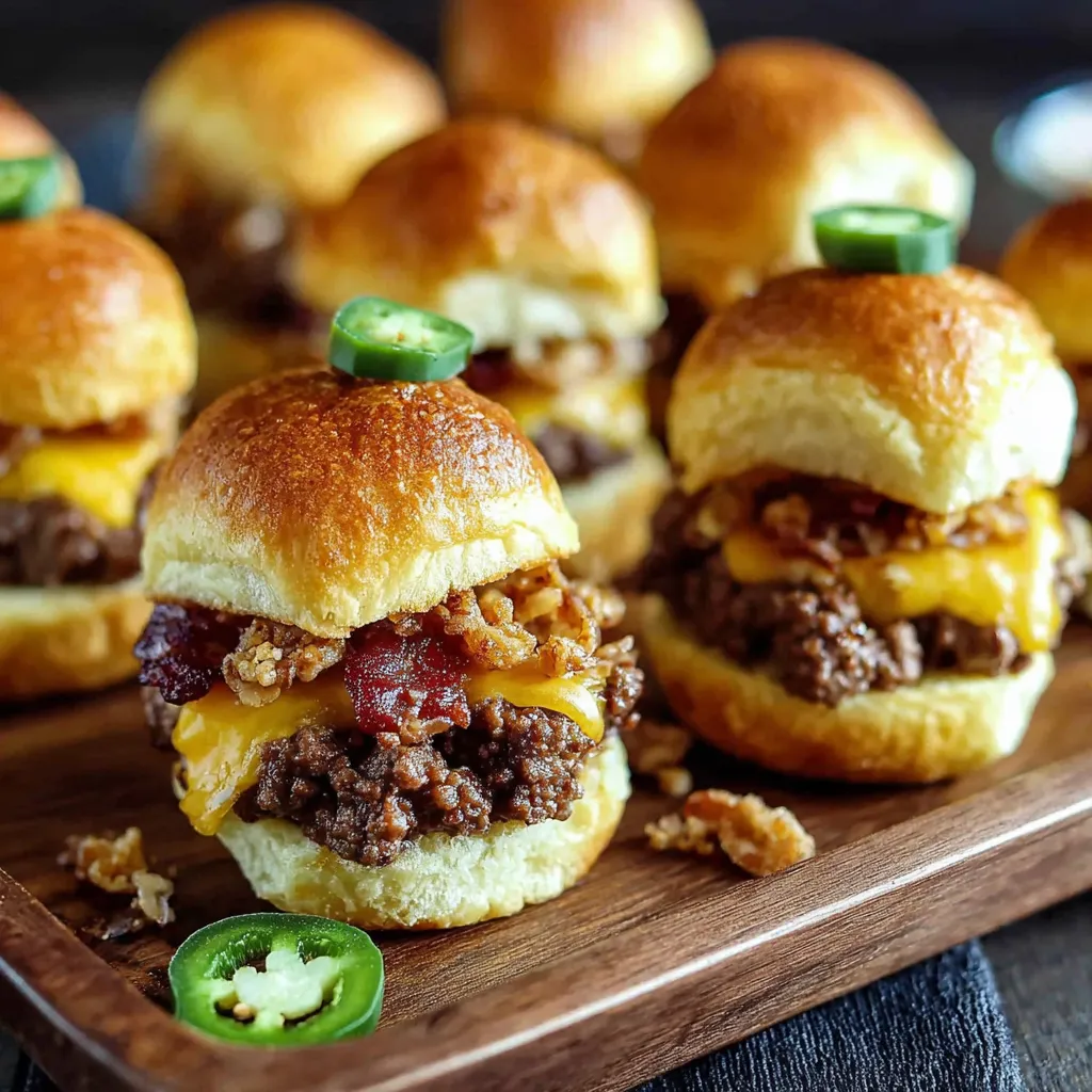 A plate of mini burgers with jalapenos on top.