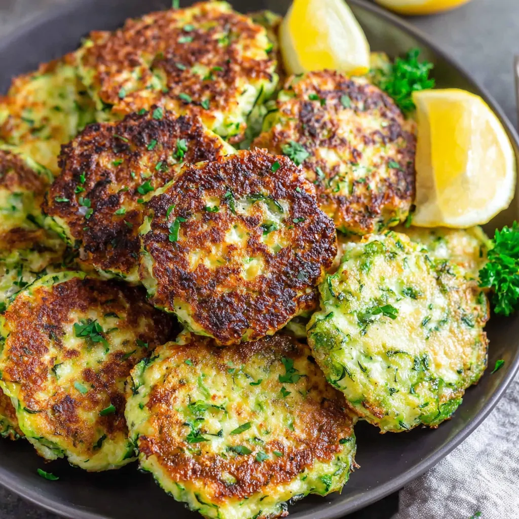 A bowl of zucchini fritters with lemon wedges on top.