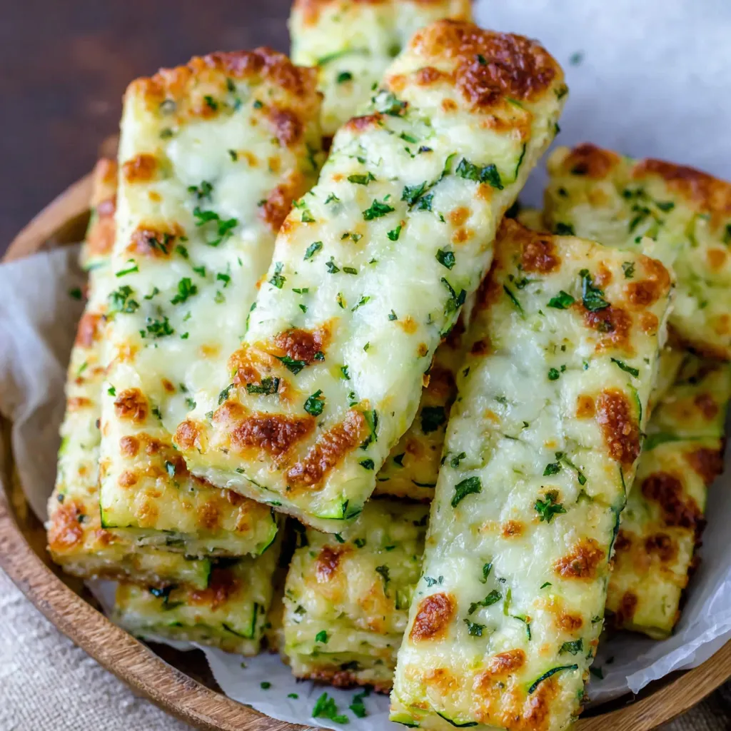 A plate of cheesy zucchini breadsticks.