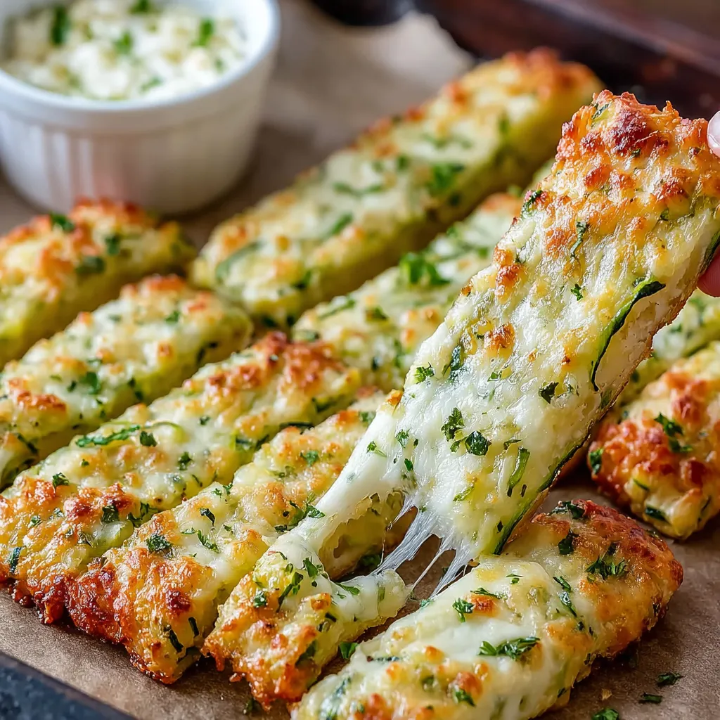 A person is holding a piece of cheesy zucchini breadsticks.