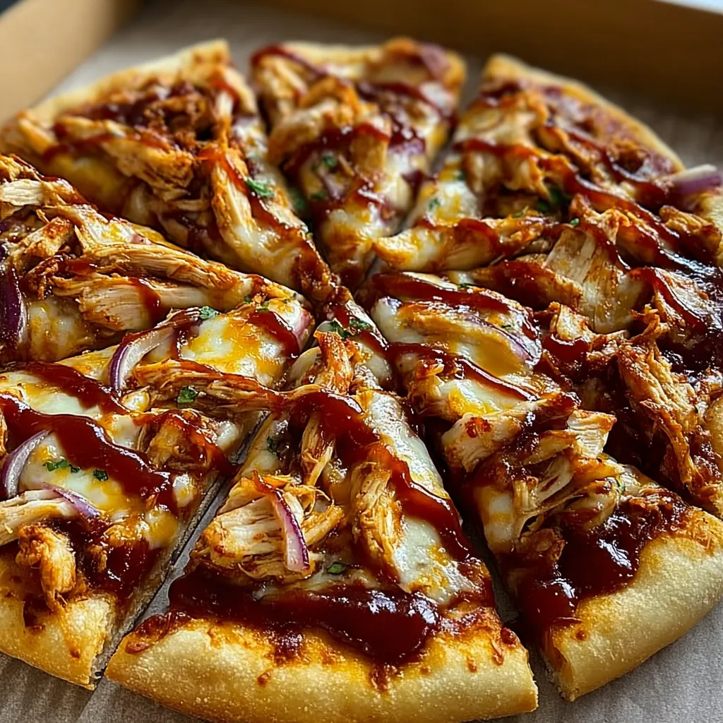 A BBQ chicken pizza with sauce on it.