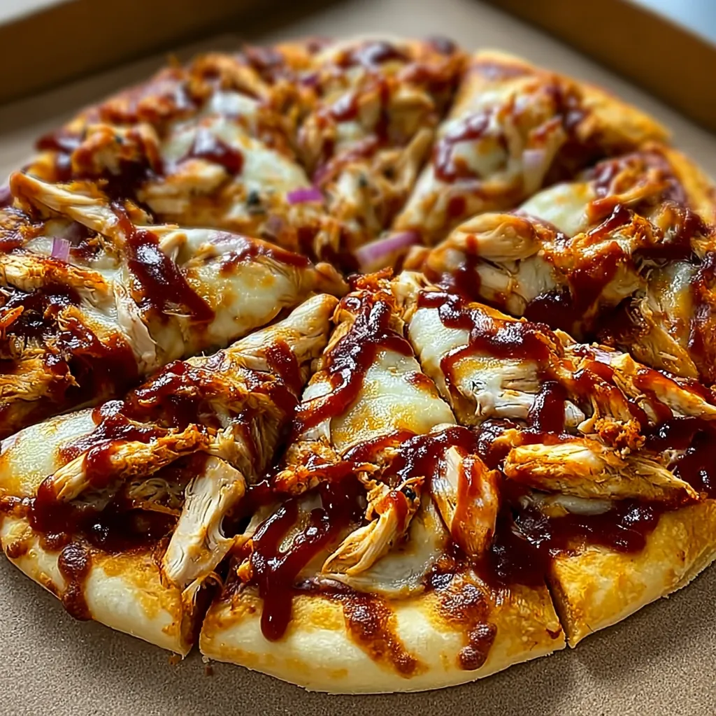 A BBQ chicken pizza with sauce on it.