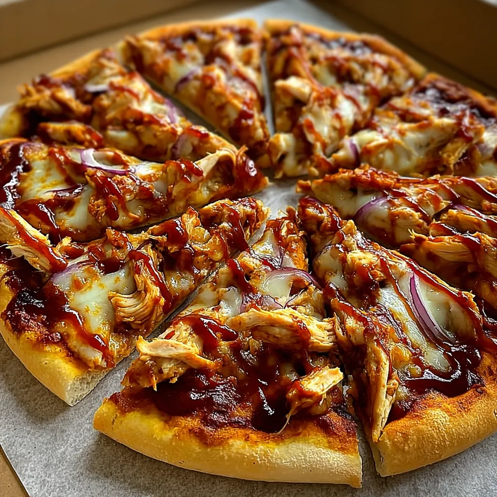 A BBQ chicken pizza with sauce on it.