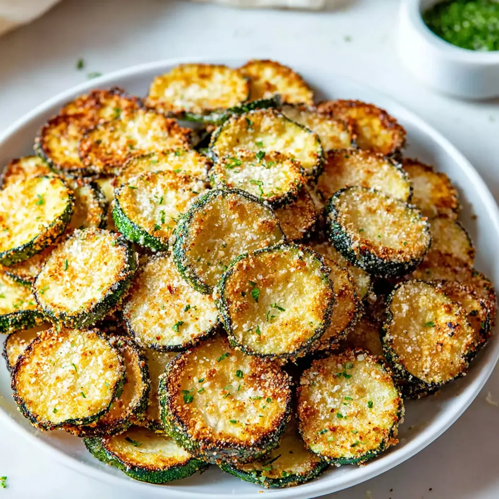 A white plate with baked zucchini chips.