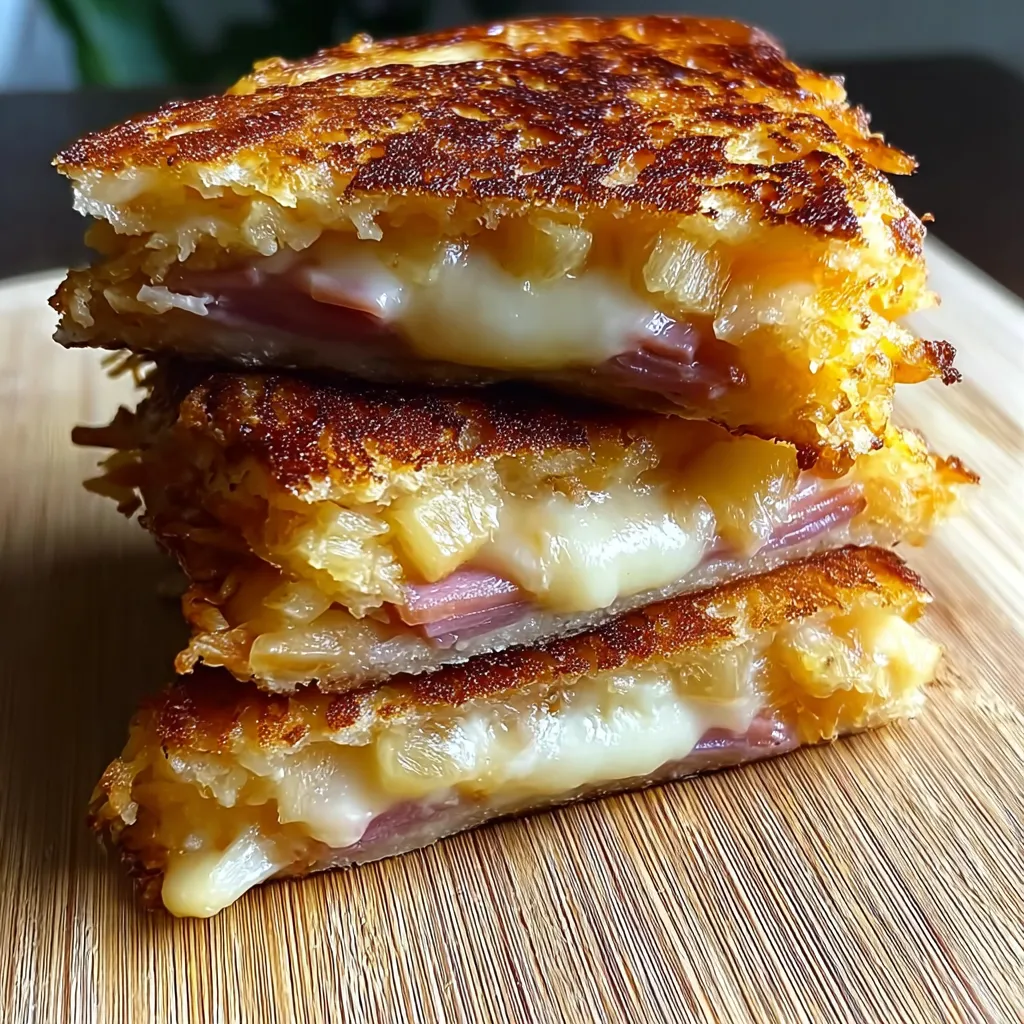 A stack of three sandwiches with cheese and ham.