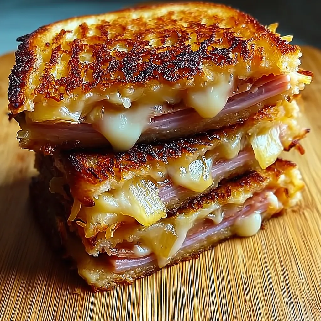A stack of three grilled ham and cheese sandwiches.