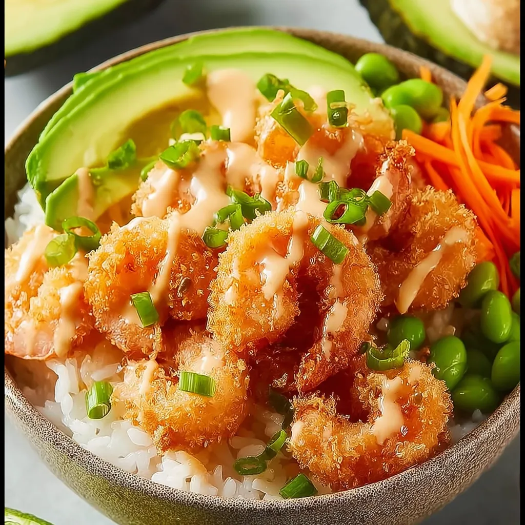 A bowl of shrimp and rice with a sauce.