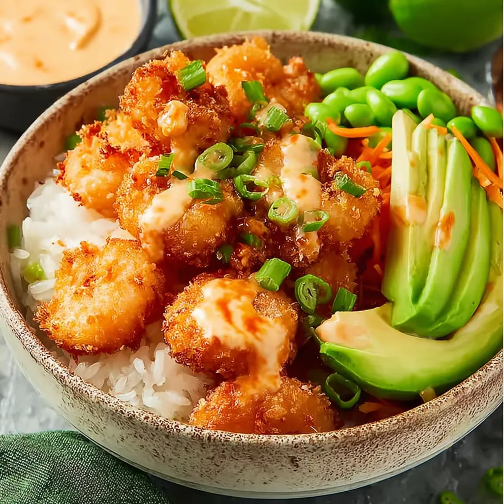 A bowl of shrimp and rice with a spicy sauce.