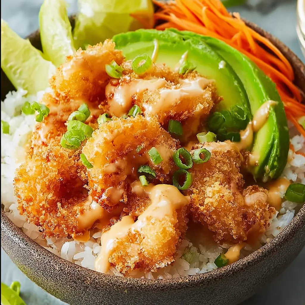 A bowl of rice with shrimp and avocado.