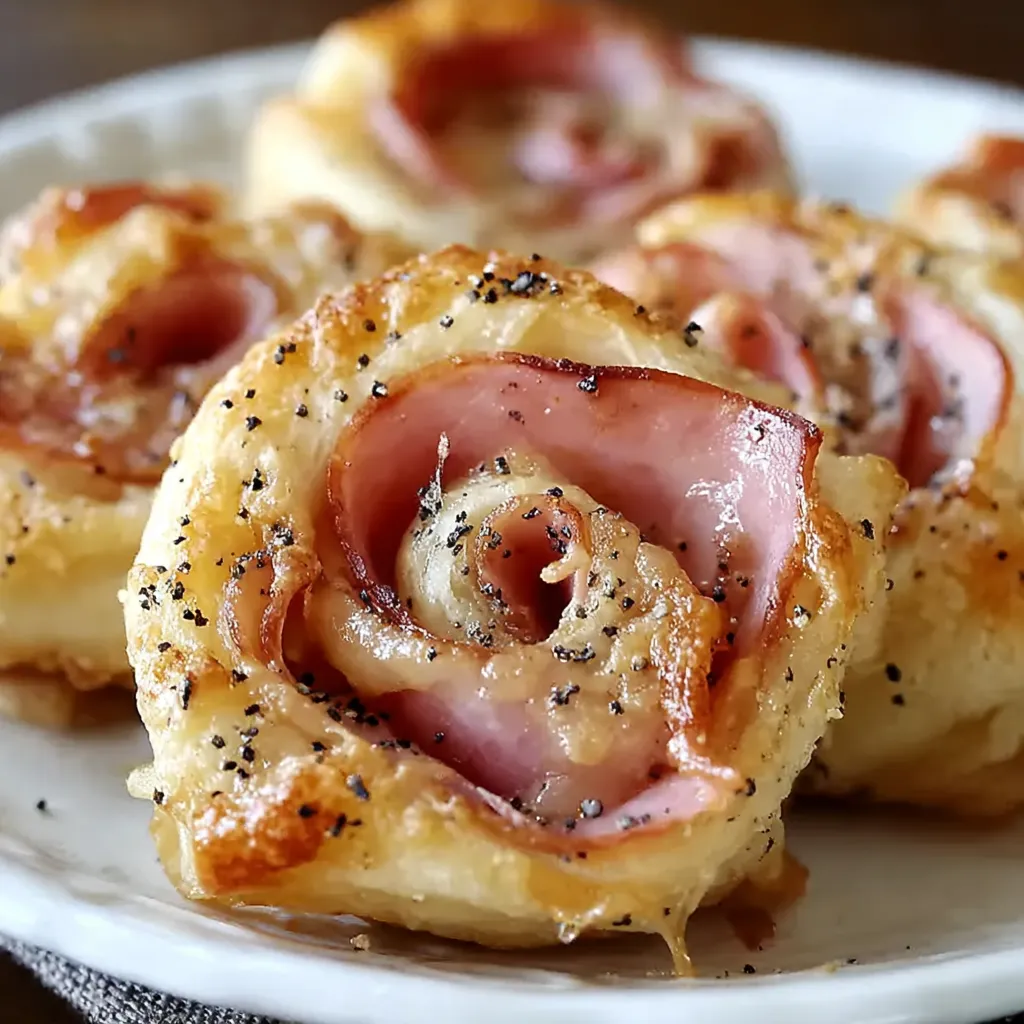 Hot ham cheese pinwheels on a plate.