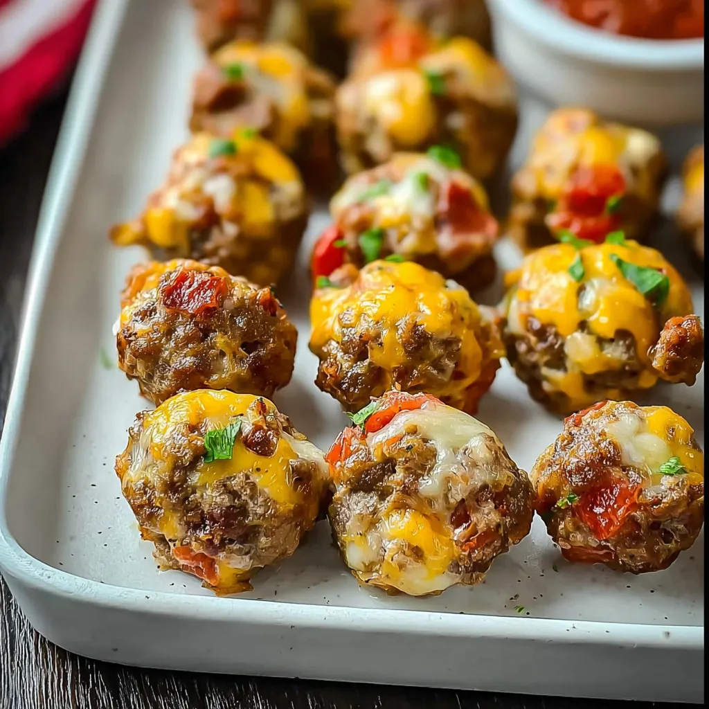 A tray of sausage cheese rotel balls.