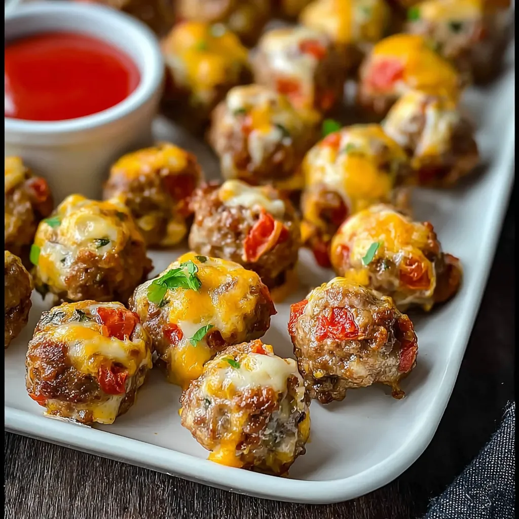 A plate of sausage cheese rotel balls.