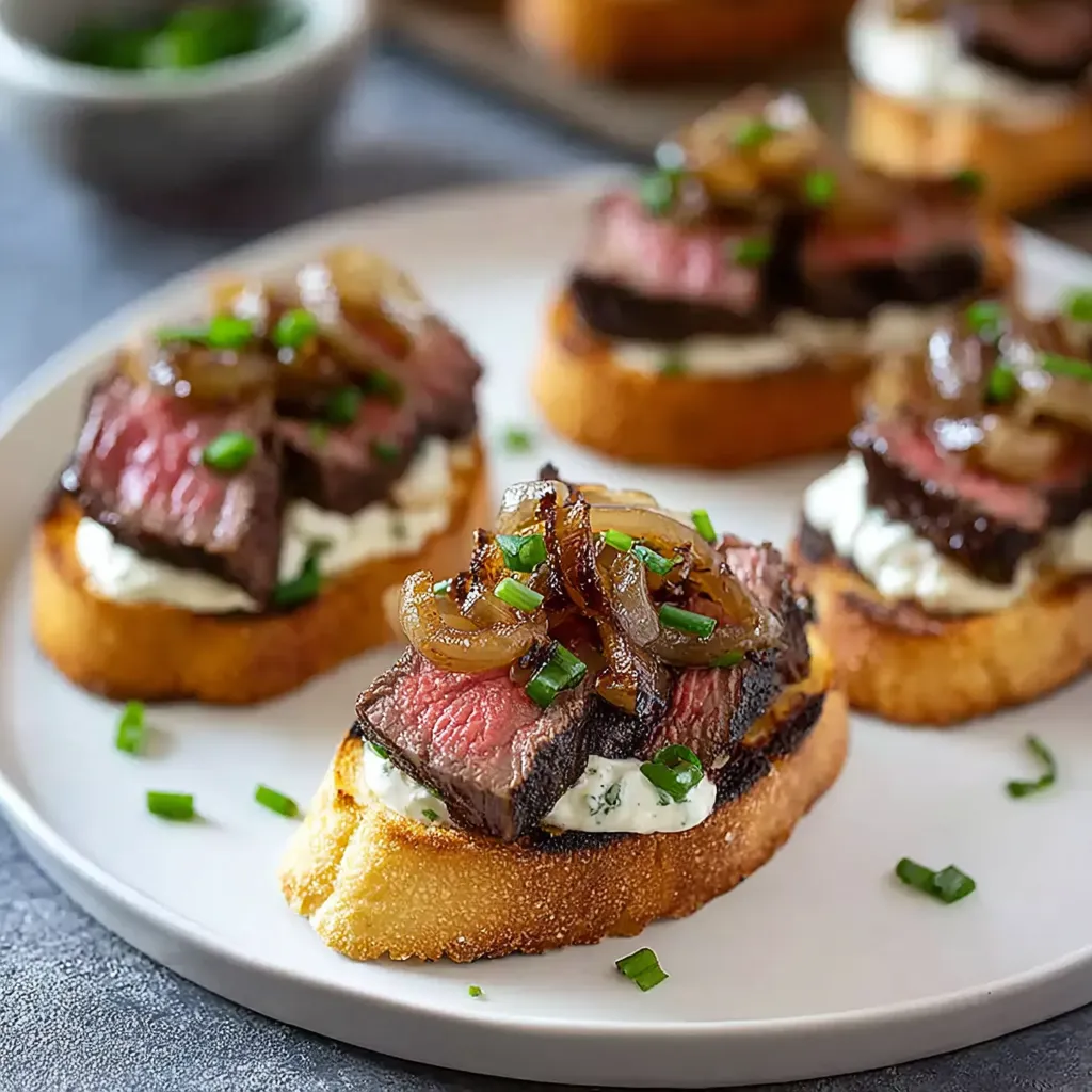A plate of steak crostini with horseradish.