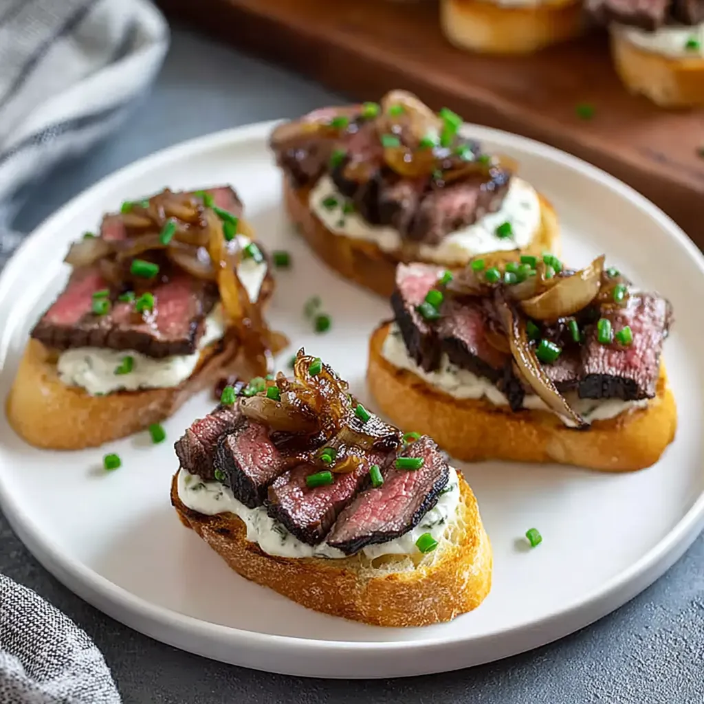 A plate of steak crostini with horseradish.