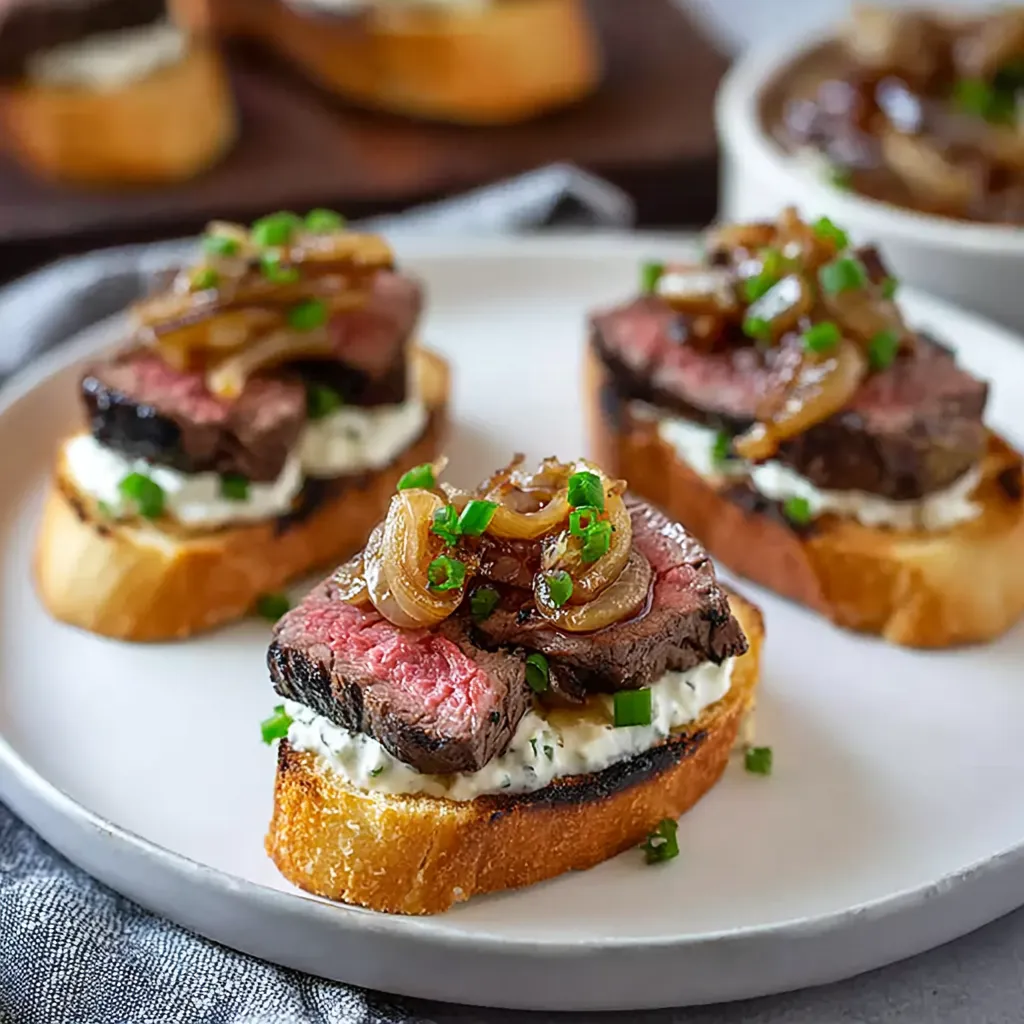 A plate of steak crostini with horseradish.