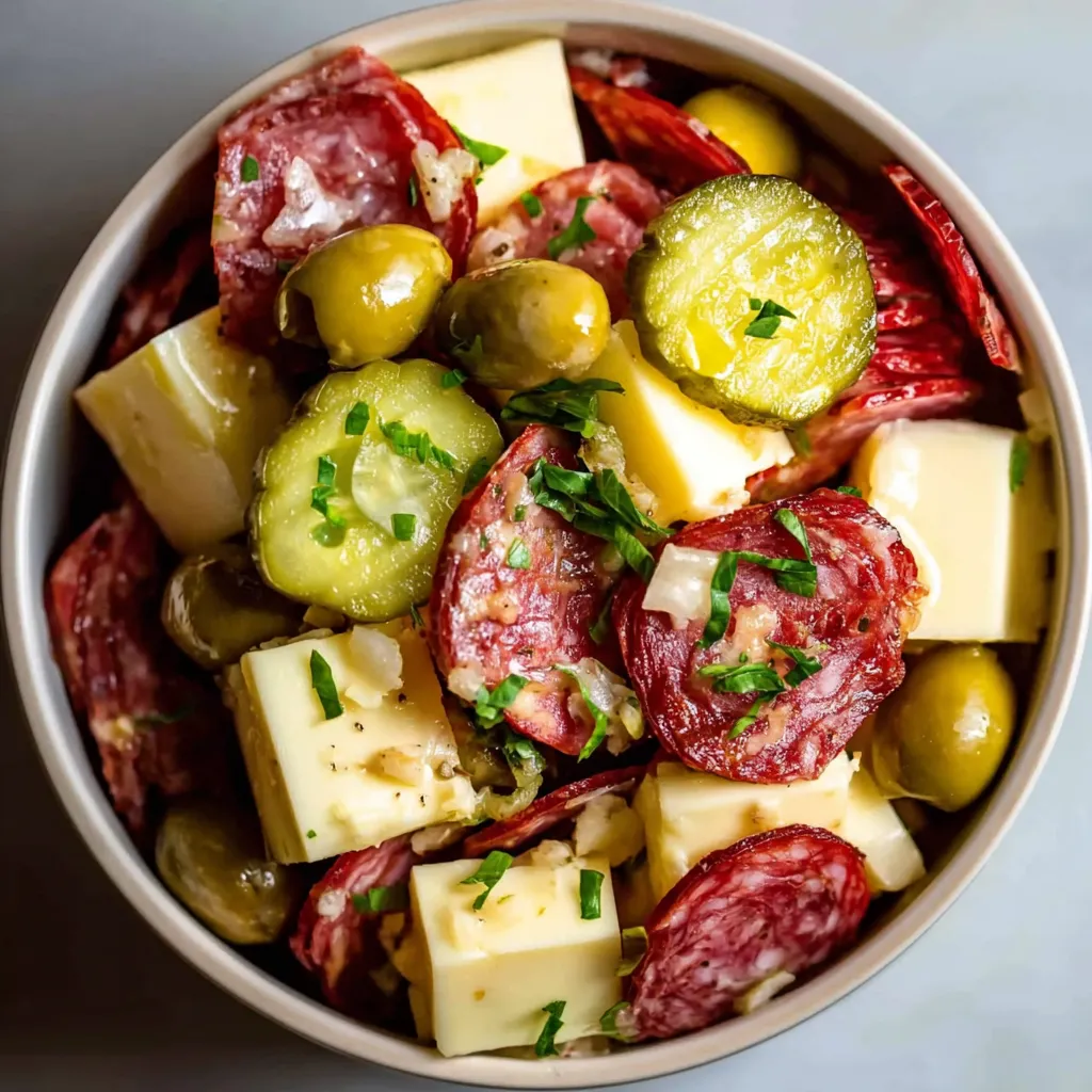 A bowl of marinated cheese antipasto.