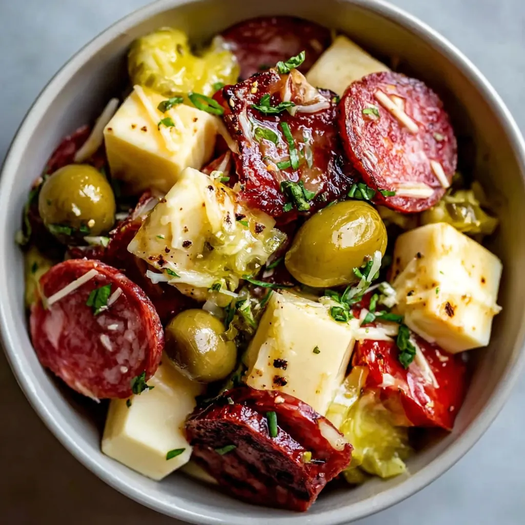 A bowl of marinated cheese antipasto.
