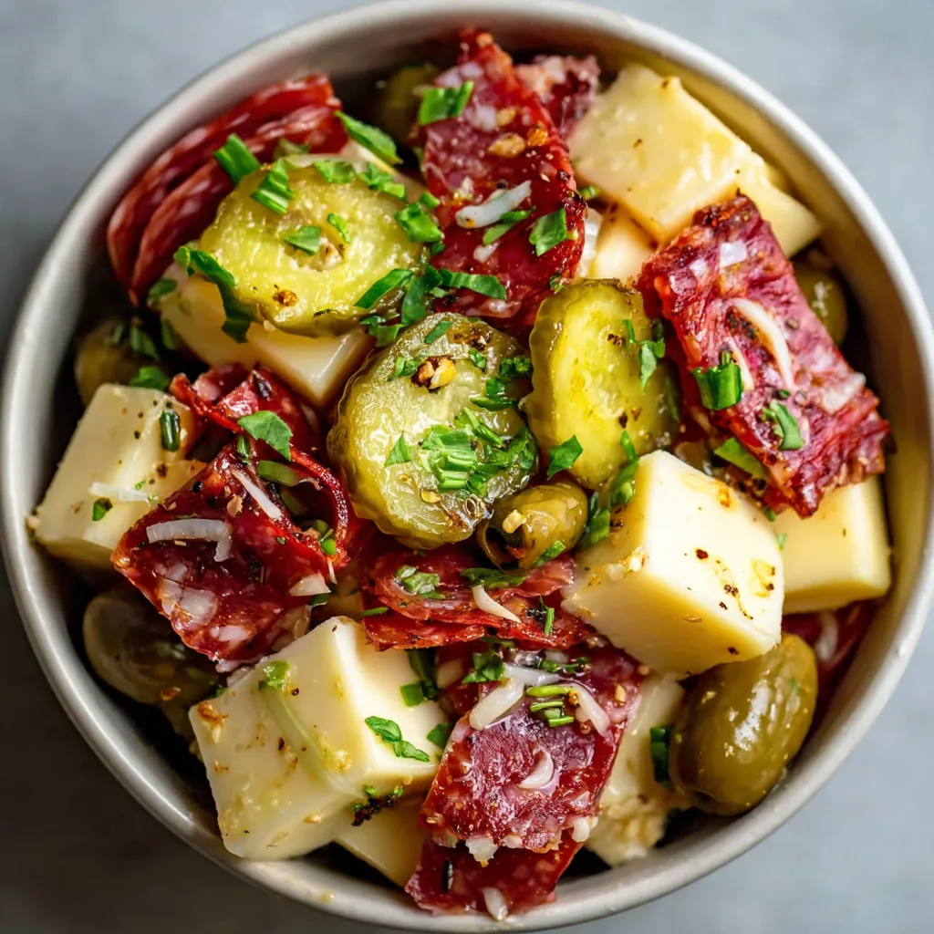 A bowl of marinated cheese antipasto.
