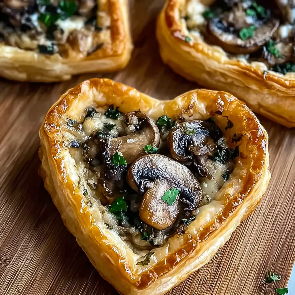 Two mushroom goat cheese tarts on a wooden table.