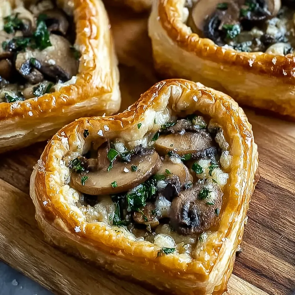 Mushroom goat cheese tarts on a wooden table.