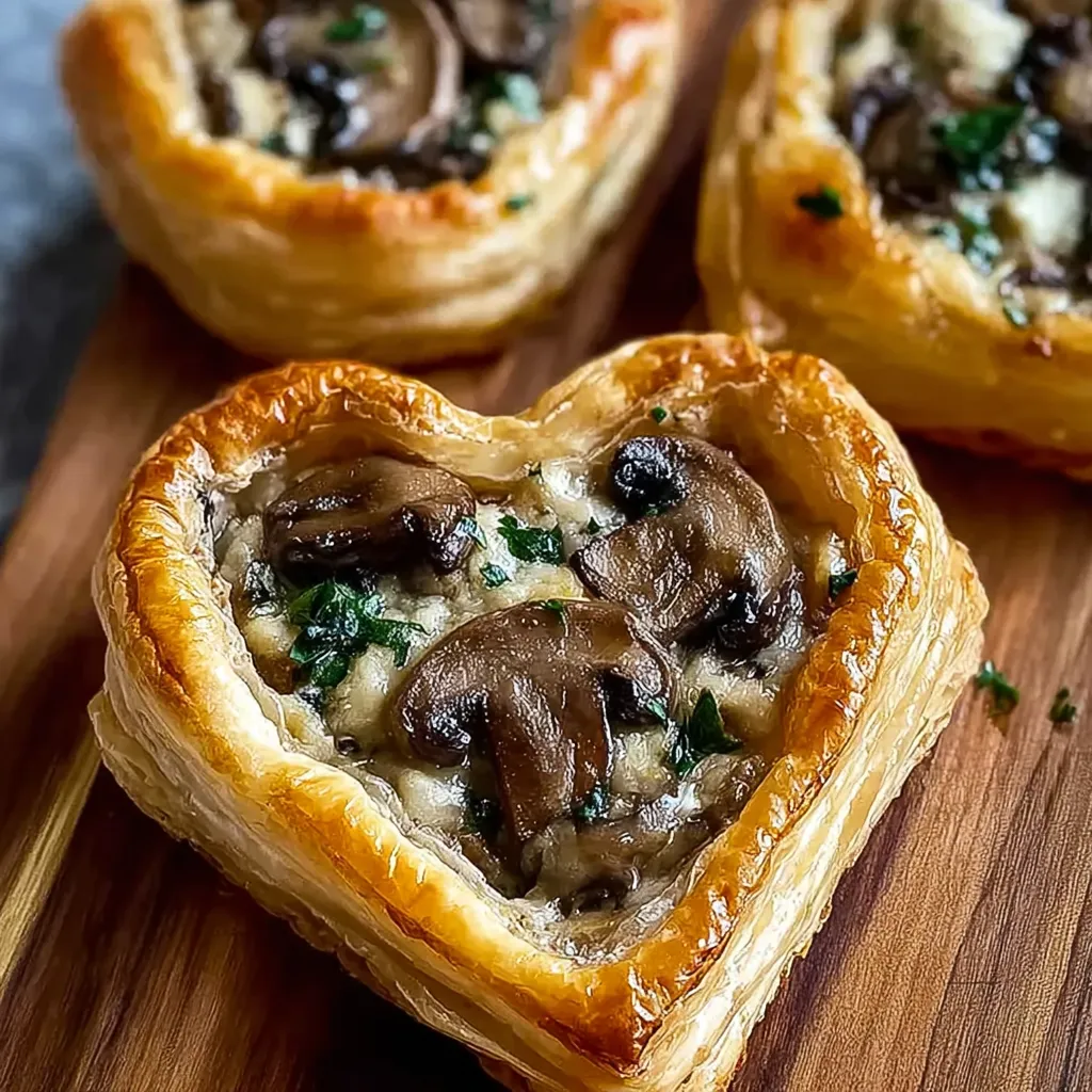 Two mushroom goat cheese tarts on a wooden board.