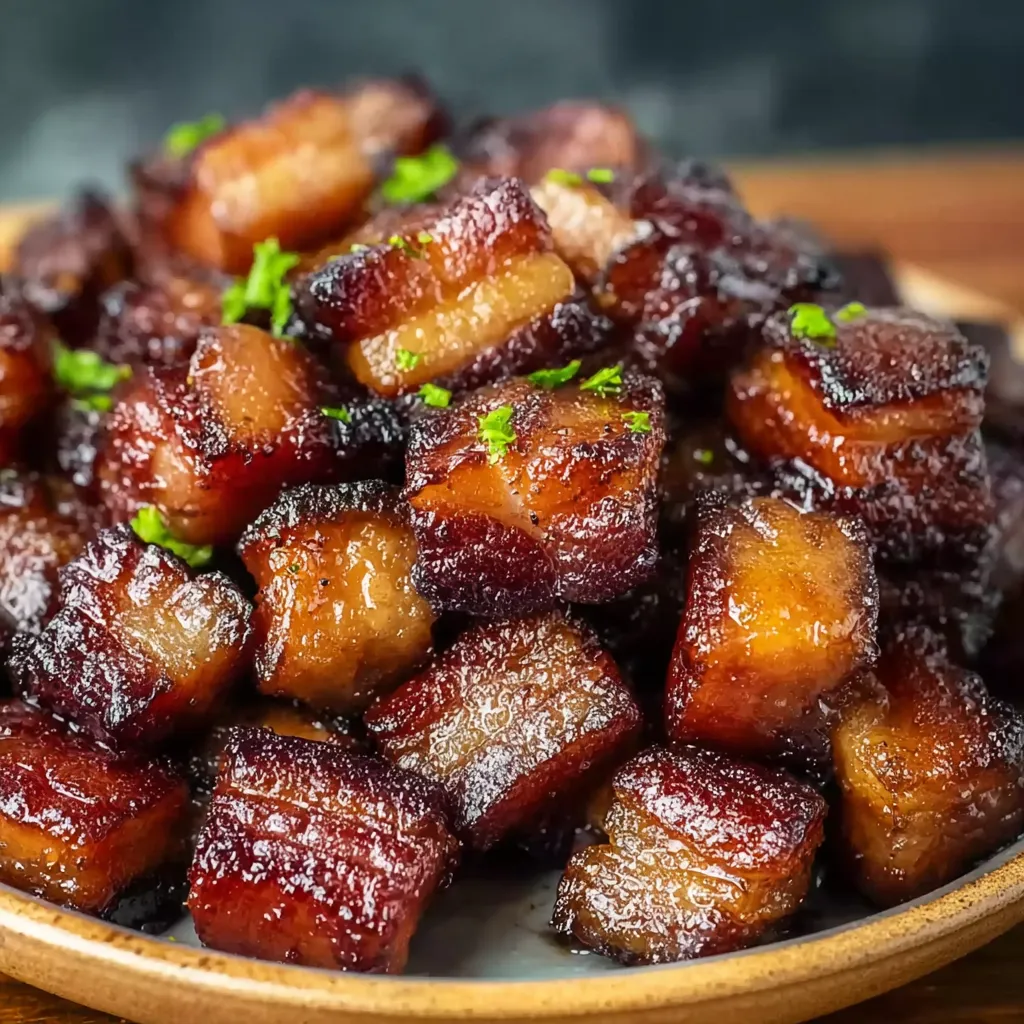 A plate of pork belly bites.