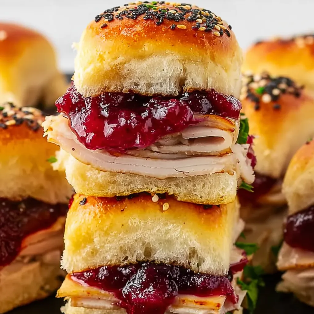 A stack of turkey sliders with jelly and black seeds.