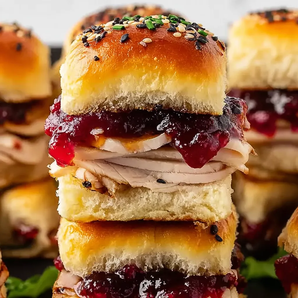 A stack of turkey sliders with jelly and seeds on top.