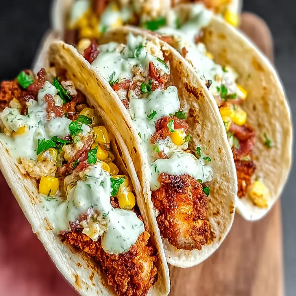 Two crispy chicken elote tacos on a wooden board.