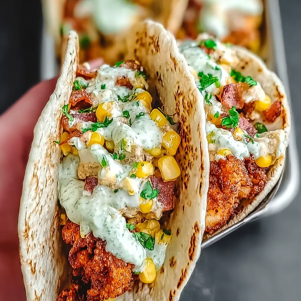 A person is holding a taco with chicken and corn.