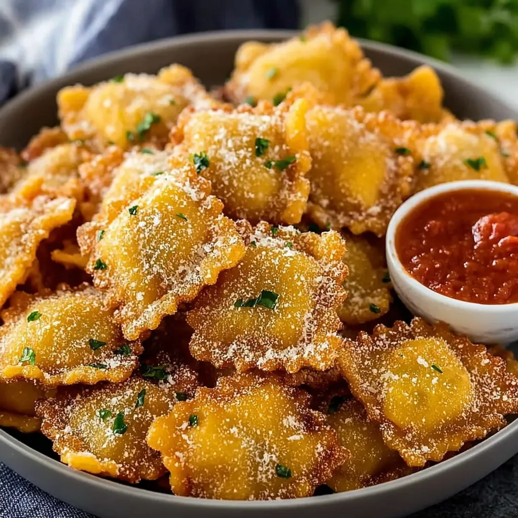 A bowl of crispy Parmesan Ravioli.
