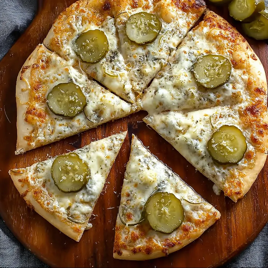 A slice of pizza with pickles on top.